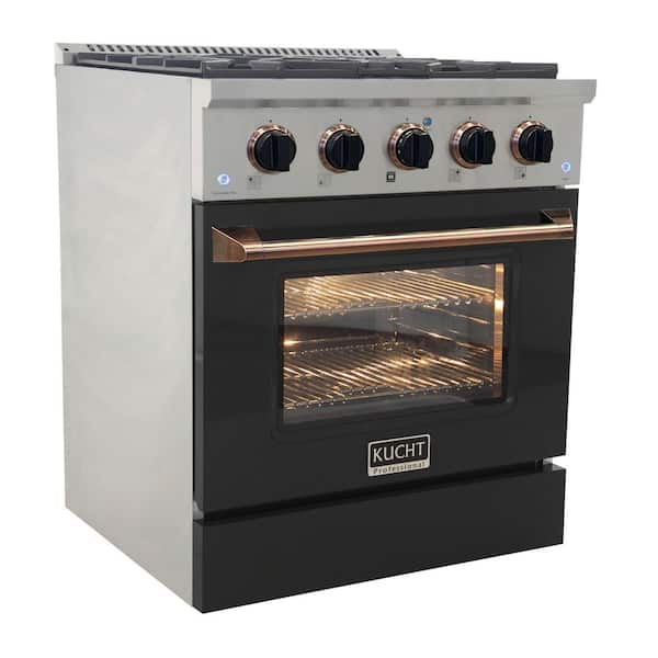 Kucht KNG Series 30" Black Custom Freestanding Natural Gas Range With 4 Burners, Black Knobs and Gold Handle