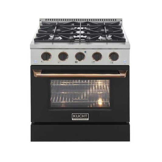 Kucht KNG Series 30" Black Custom Freestanding Propane Gas Range With 4 Burners, Black Knobs and Gold Handle