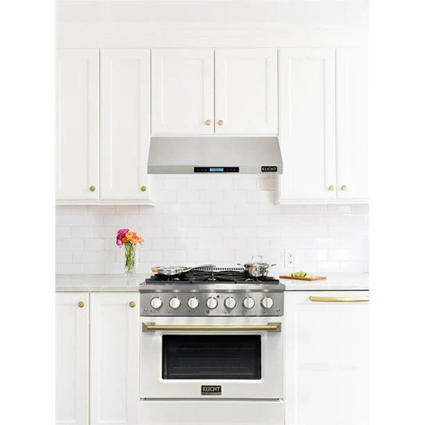 Kucht KNG Series 30" White Custom Freestanding Natural Gas Range With 4 Burners, White Knobs and Gold Handle