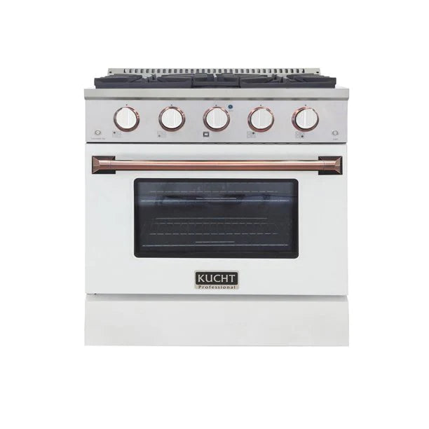 Kucht KNG Series 30" White Custom Freestanding Natural Gas Range With 4 Burners, White Knobs and Rose Gold Handle