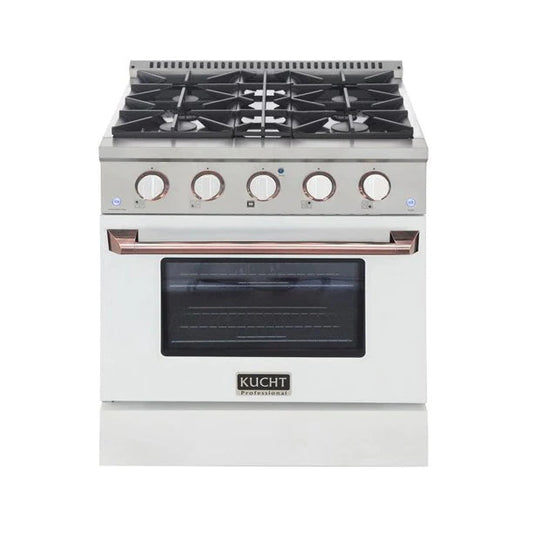 Kucht KNG Series 30" White Custom Freestanding Natural Gas Range With 4 Burners, White Knobs and Rose Gold Handle