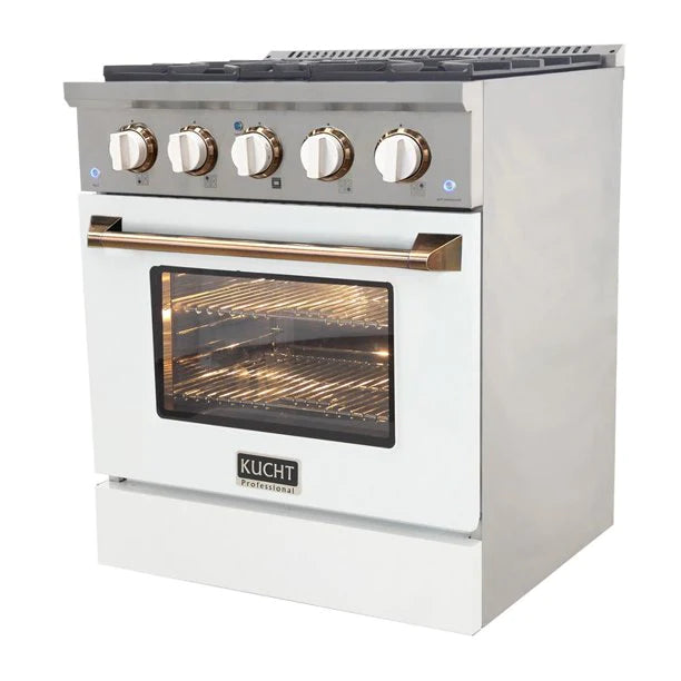 Kucht KNG Series 30" White Custom Freestanding Propane Gas Range With 4 Burners, White Knobs and Gold Handle