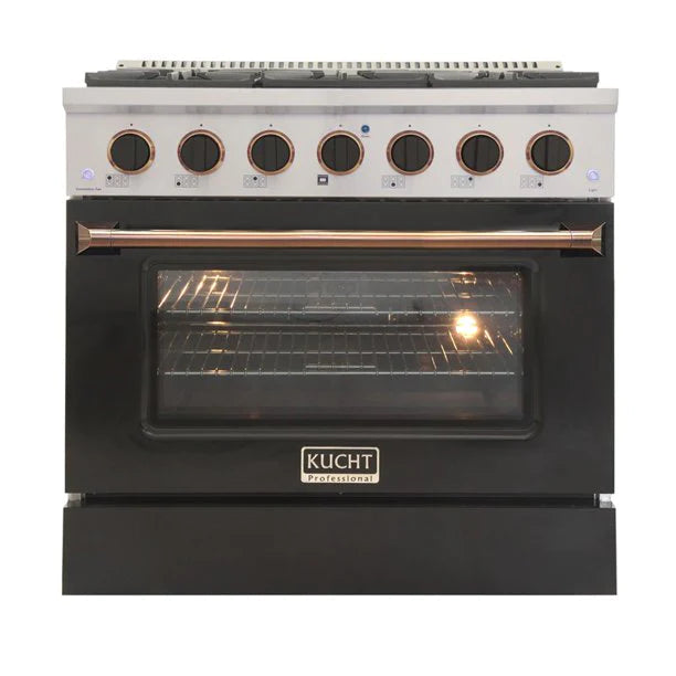 Kucht KNG Series 36" Black Custom Freestanding Natural Gas Range With 6 Burners, Black Knobs and Gold Handle