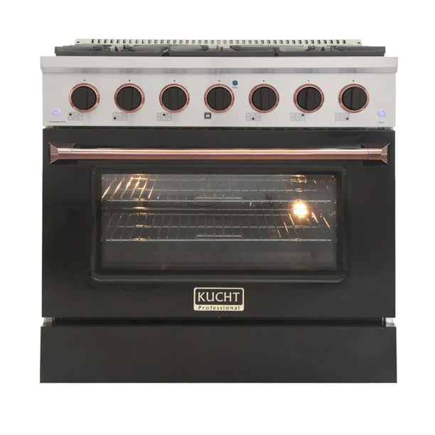 Kucht KNG Series 36" Black Custom Freestanding Natural Gas Range With 6 Burners, Black Knobs and Rose Gold Handle