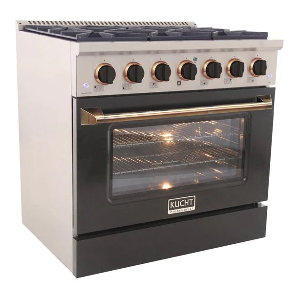 Kucht KNG Series 36" Black Custom Freestanding Propane Gas Range With 6 Burners, Black Knobs and Gold Handle