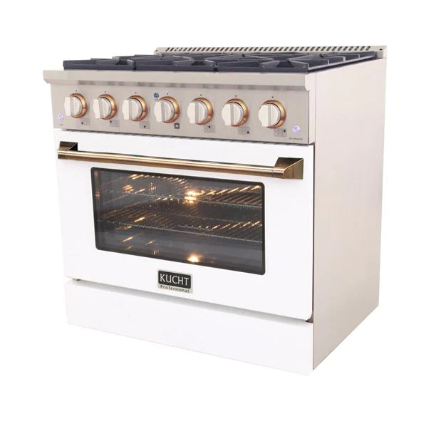 Kucht KNG Series 36" White Custom Freestanding Natural Gas Range With 6 Burners, White Knobs and Gold Handle
