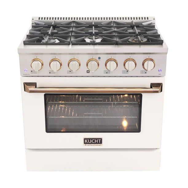 Kucht KNG Series 36" White Custom Freestanding Natural Gas Range With 6 Burners, White Knobs and Gold Handle