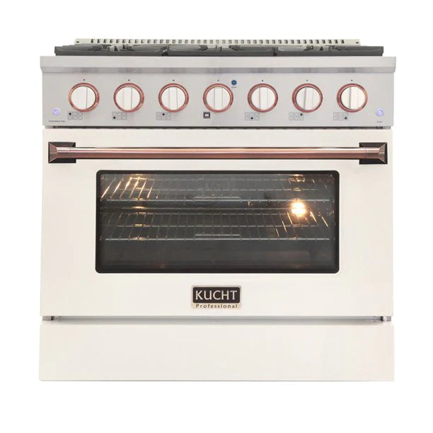 Kucht KNG Series 36" White Custom Freestanding Natural Gas Range With 6 Burners, White Knobs and Rose Gold Handle