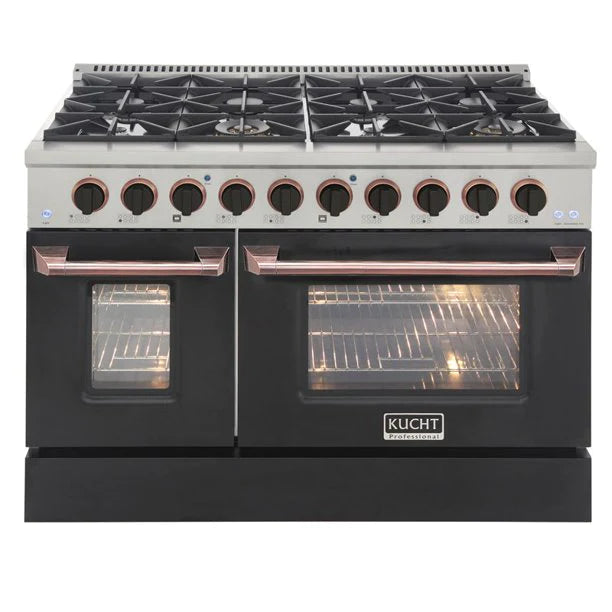 Kucht KNG Series 48" Black Custom Freestanding Natural Gas Range With 8 Burners, Black Knobs and Rose Gold Handle