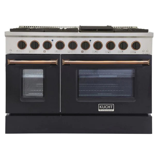 Kucht KNG Series 48" Black Custom Freestanding Propane Gas Range With 8 Burners, Black Knobs and Gold Handle