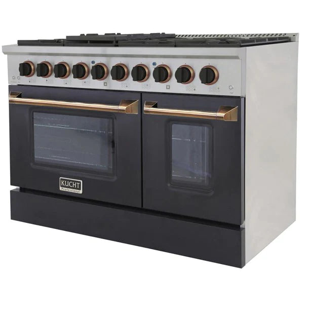 Kucht KNG Series 48" Black Custom Freestanding Propane Gas Range With 8 Burners, Black Knobs and Gold Handle