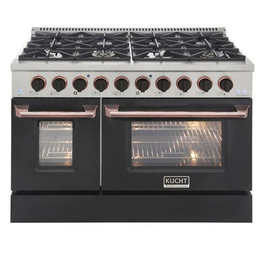 Kucht KNG Series 48" Black Custom Freestanding Propane Gas Range With 8 Burners, Black Knobs and Rose Gold Handle