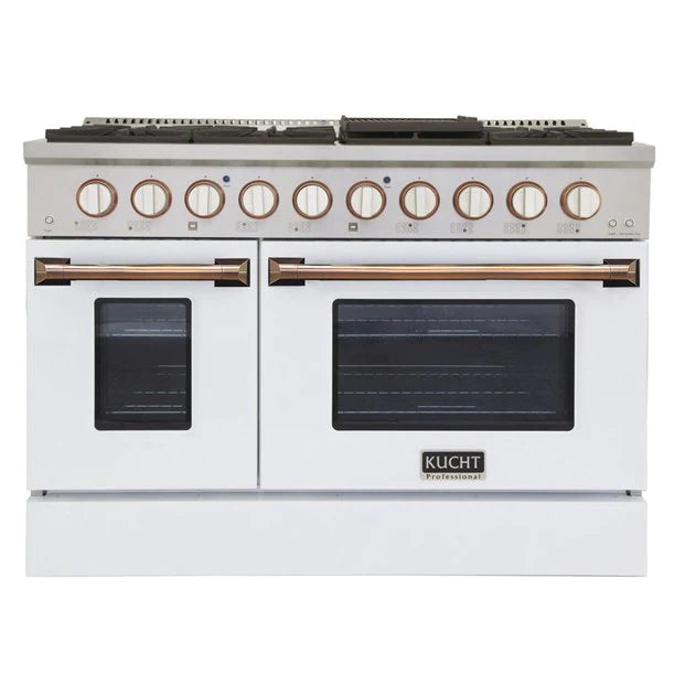 Kucht KNG Series 48" White Custom Freestanding Propane Gas Range With 8 Burners, White Knobs and Gold Handle