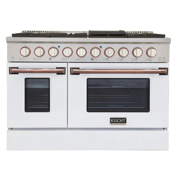 Kucht KNG Series 48" White Custom Freestanding Propane Gas Range With 8 Burners, White Knobs and Rose Gold Handle