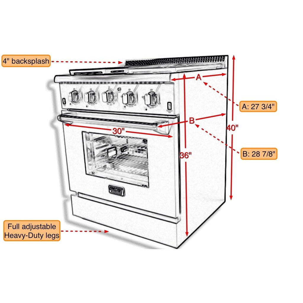 Kucht KRD Series 30" Freestanding Natural Gas Dual Fuel Range With 4 Burners and Tuxedo Black Knobs