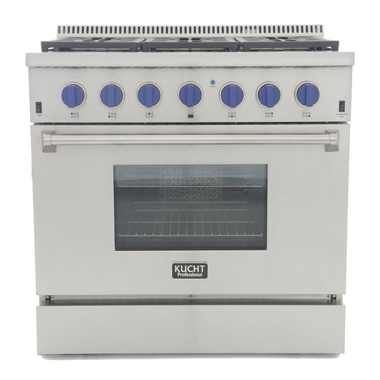 Kucht KRD Series 36" Freestanding Natural Gas Dual Fuel Range With 6 Burners and Royal Blue Knobs