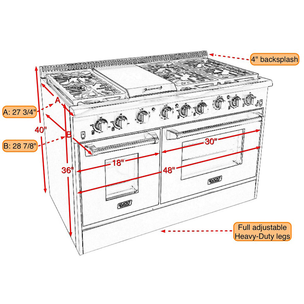 Kucht KRD Series 48" Freestanding Natural Gas Dual Fuel Range With 6 Burners, Griddle and Classic Silver Knobs