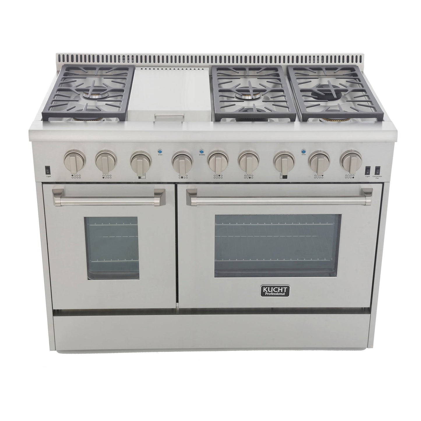 Kucht KRD Series 48" Freestanding Natural Gas Dual Fuel Range With 6 Burners, Griddle and Classic Silver Knobs