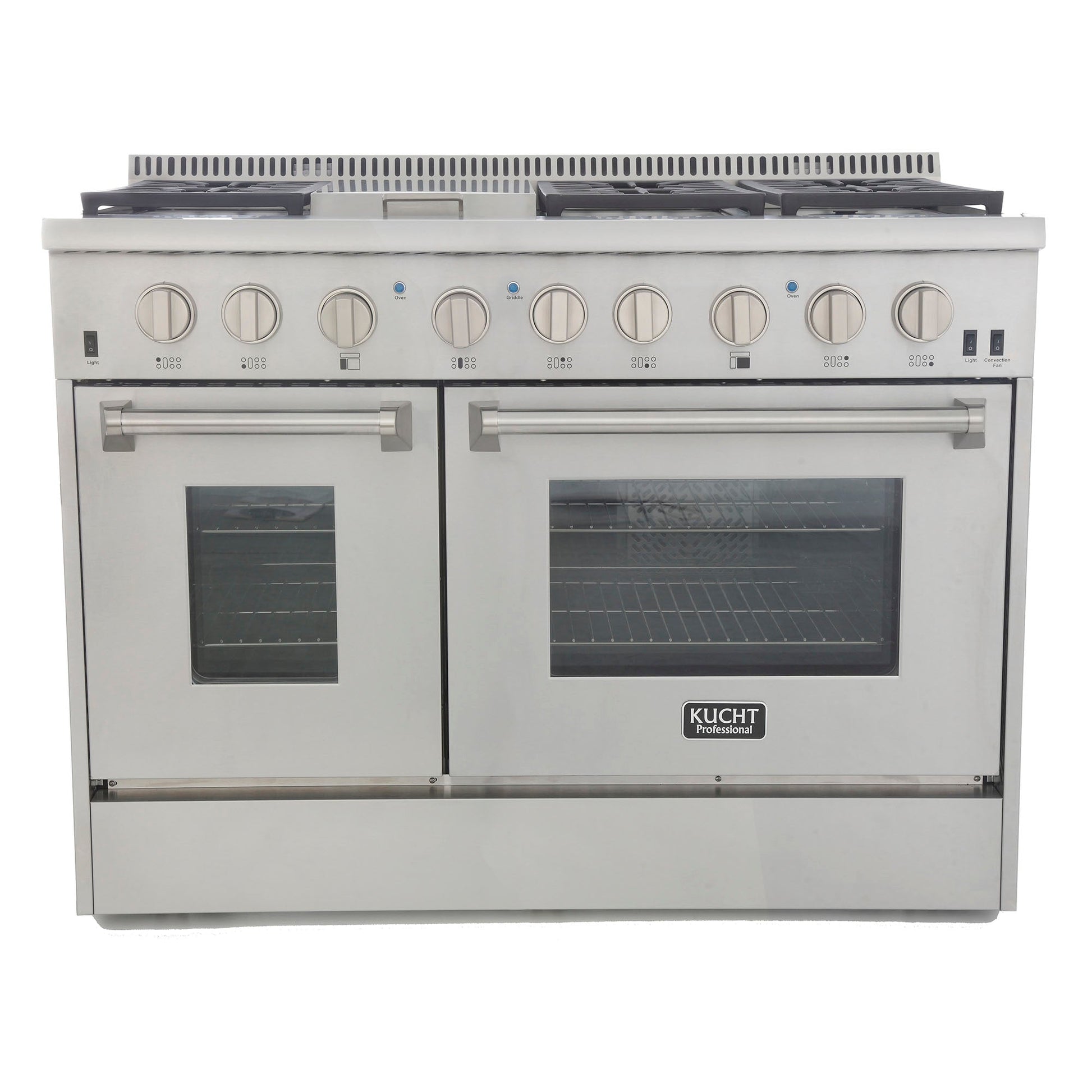 Kucht KRD Series 48" Freestanding Natural Gas Dual Fuel Range With 6 Burners, Griddle and Classic Silver Knobs