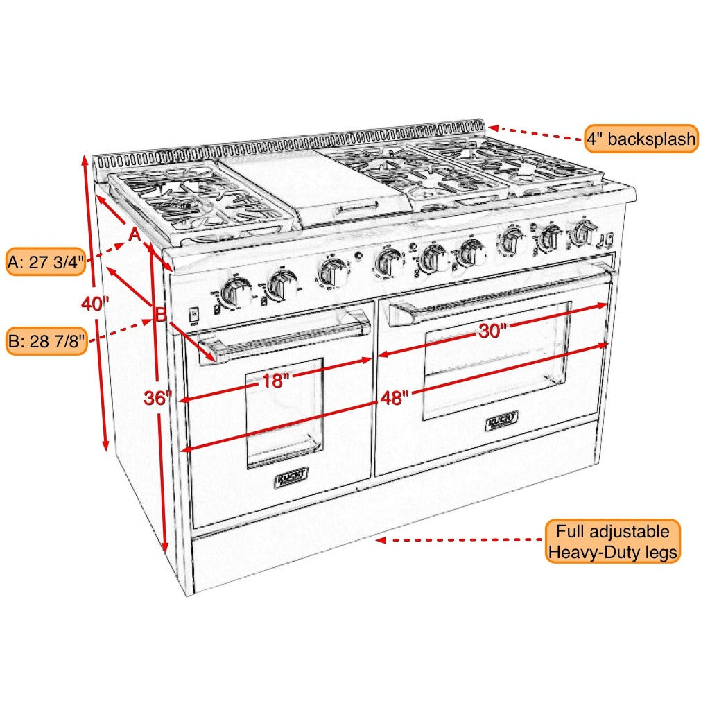 Kucht KRD Series 48" Freestanding Natural Gas Dual Fuel Range With 6 Burners, Griddle and Royal Blue Knobs