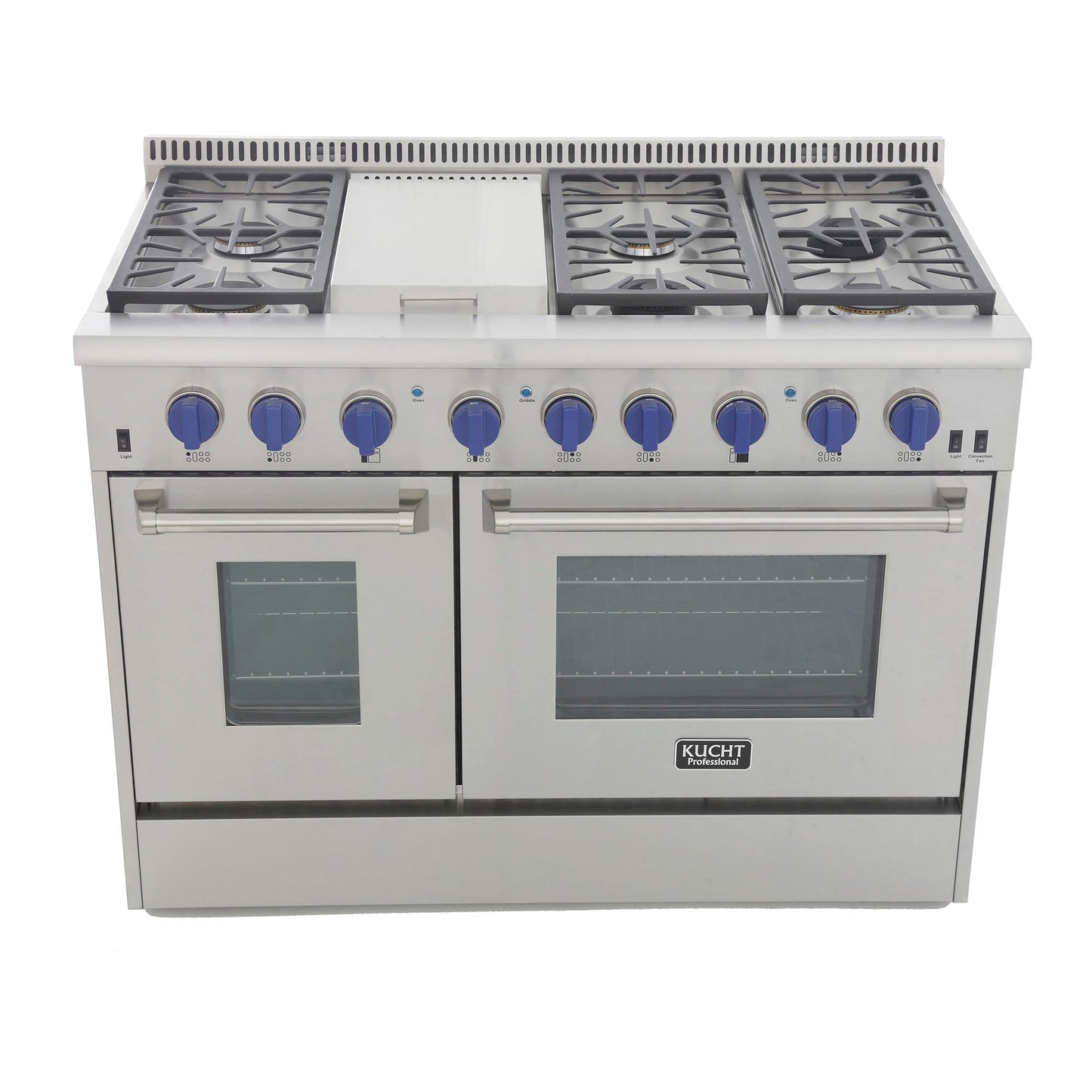 Kucht KRD Series 48" Freestanding Natural Gas Dual Fuel Range With 6 Burners, Griddle and Royal Blue Knobs