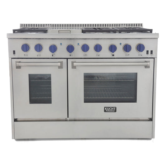 Kucht KRD Series 48" Freestanding Natural Gas Dual Fuel Range With 6 Burners, Griddle and Royal Blue Knobs