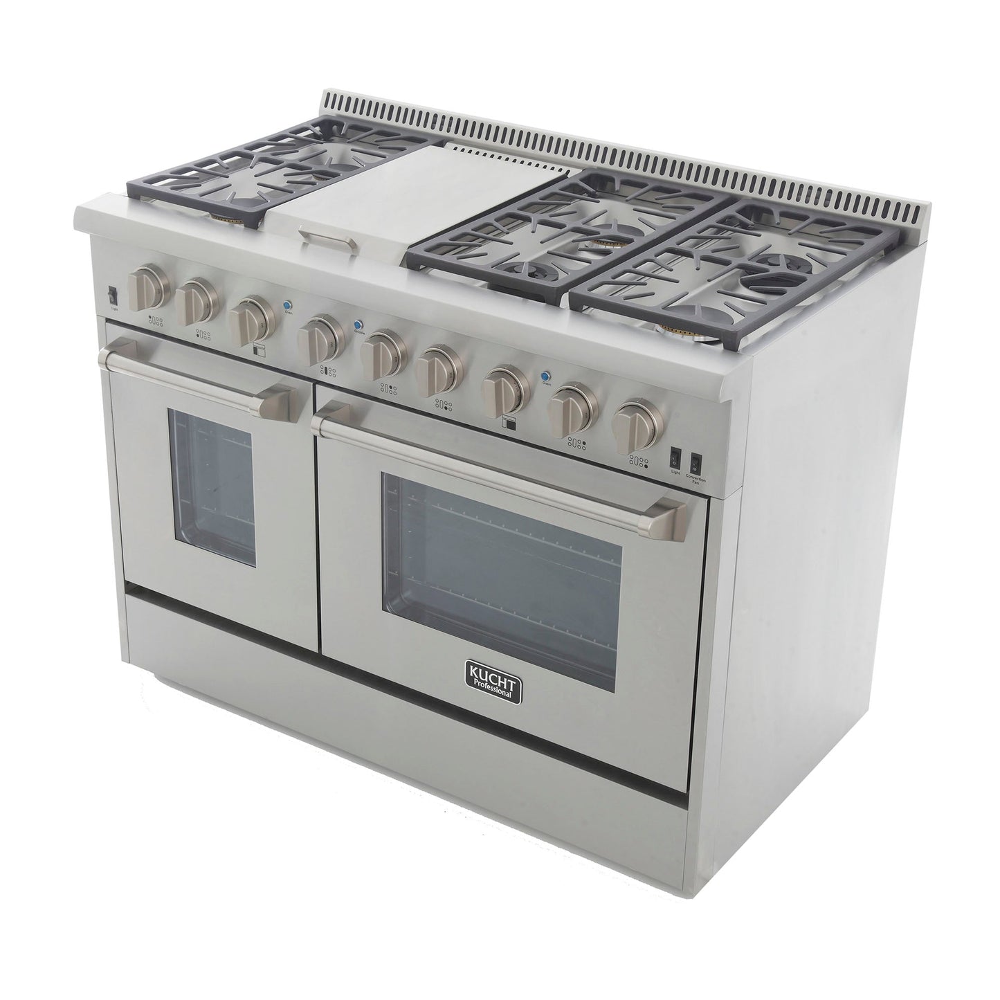 Kucht KRD Series 48" Freestanding Propane Gas Dual Fuel Range With 6 Burners, Griddle and Classic Silver Knobs