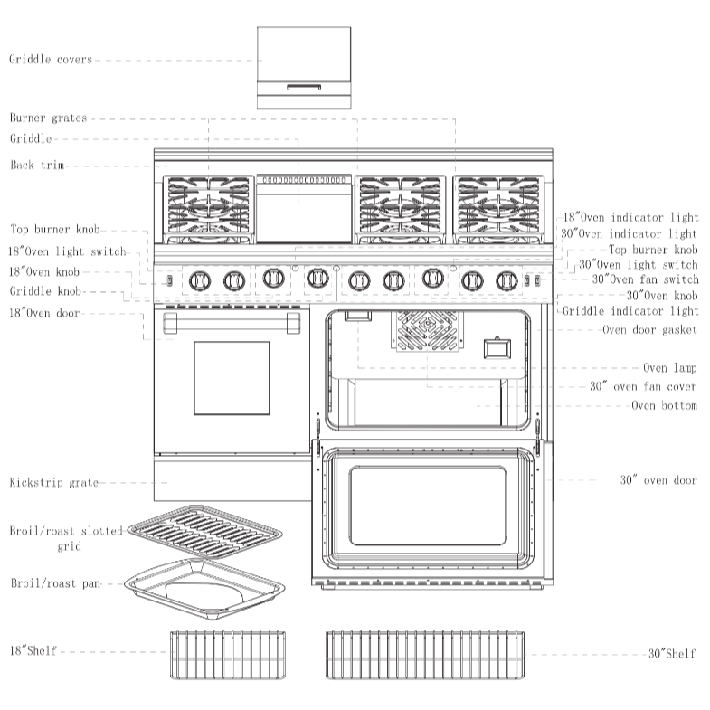 Kucht KRD Series 48" Freestanding Propane Gas Dual Fuel Range With 6 Burners, Griddle and Tuxedo Black Knobs