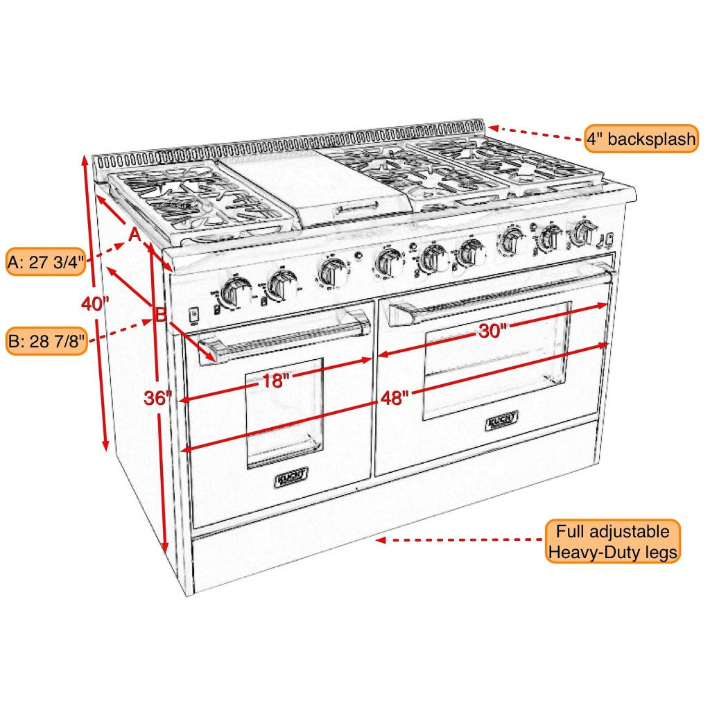 Kucht KRD Series 48" Freestanding Propane Gas Dual Fuel Range With 6 Burners, Griddle and Tuxedo Black Knobs