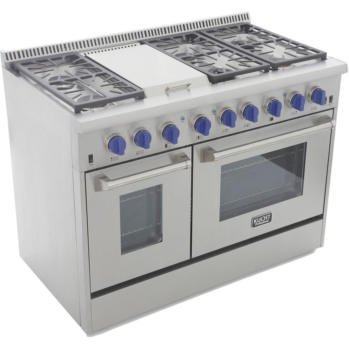 Kucht KRG Series 48" Freestanding Natural Gas Range With 6 Burners, Griddle and Royal Blue Knobs