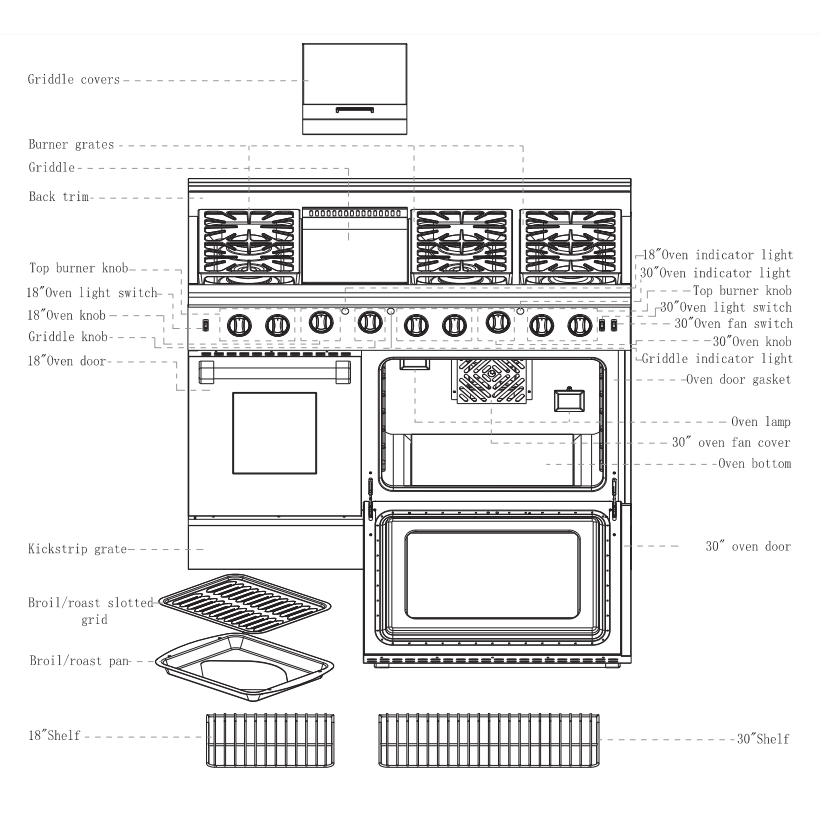 Kucht KRG Series 48" Freestanding Propane Gas Range With 6 Burners, Griddle and Classic Silver Knobs