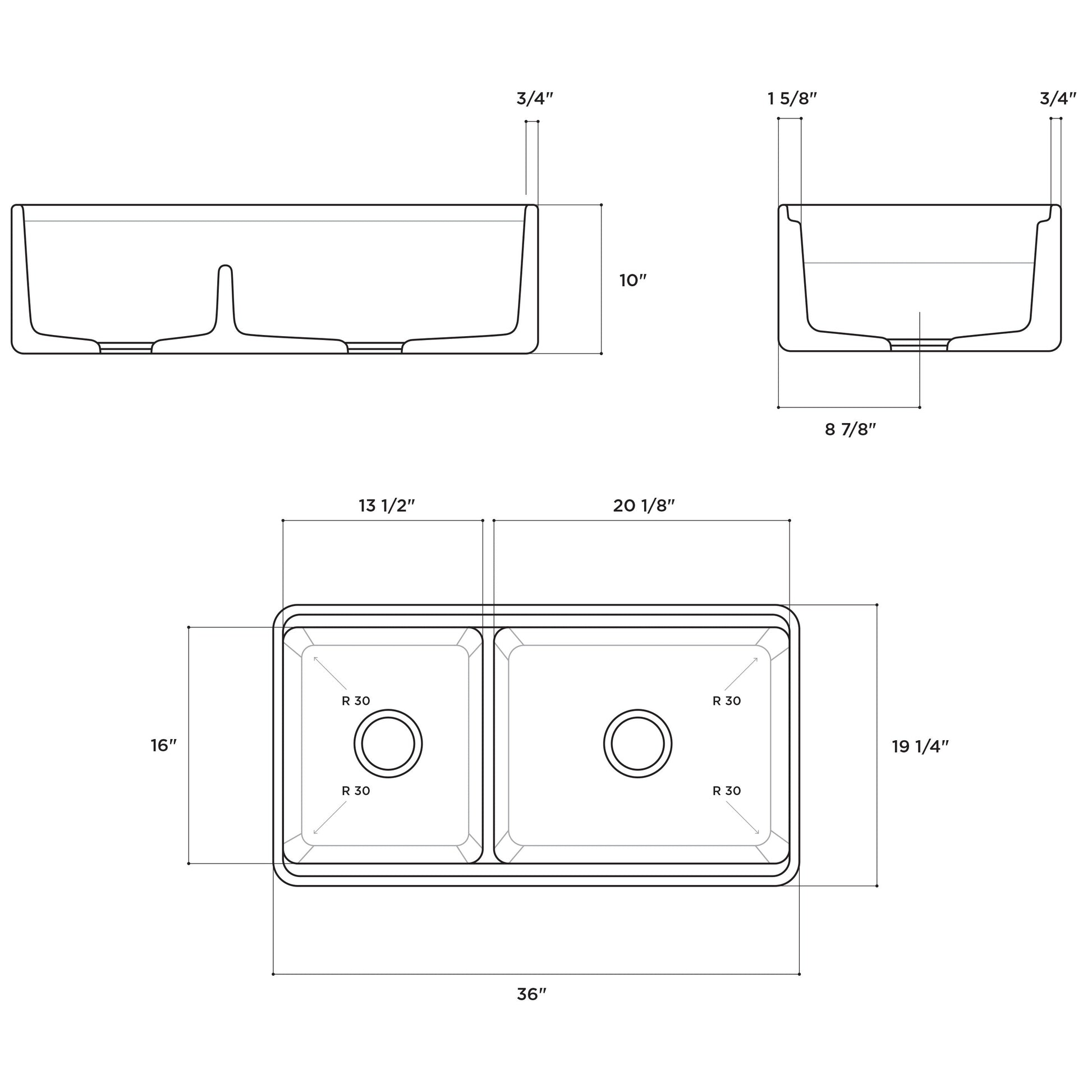 LaToscana 36" Matte Black Double Bowl Farmhouse Reversible Fireclay Rectangular Kitchen Sink