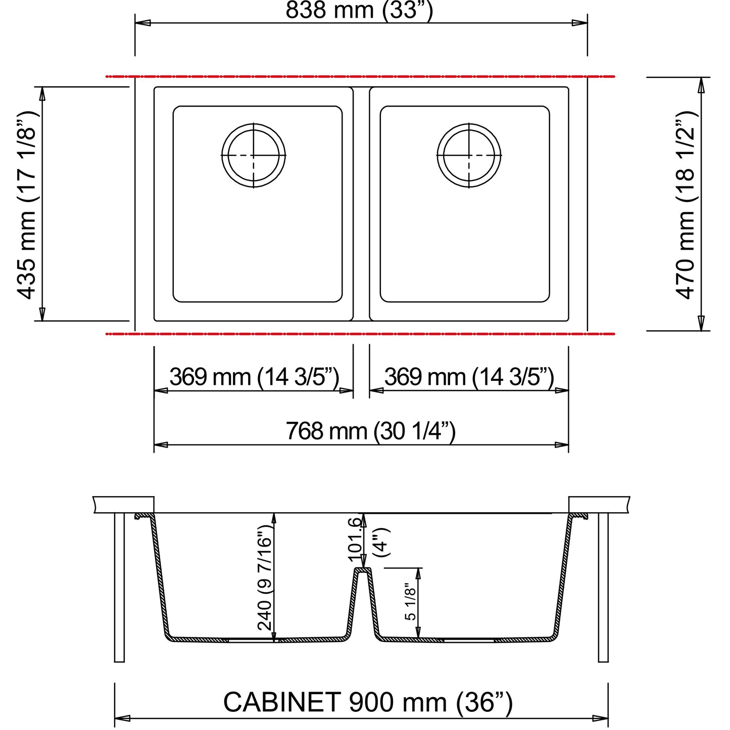 LaToscana Plados 33" x 19" x 10'' Black Metallic Double Bowl Granite Undermount Kitchen Sink for 36'' Cabinet