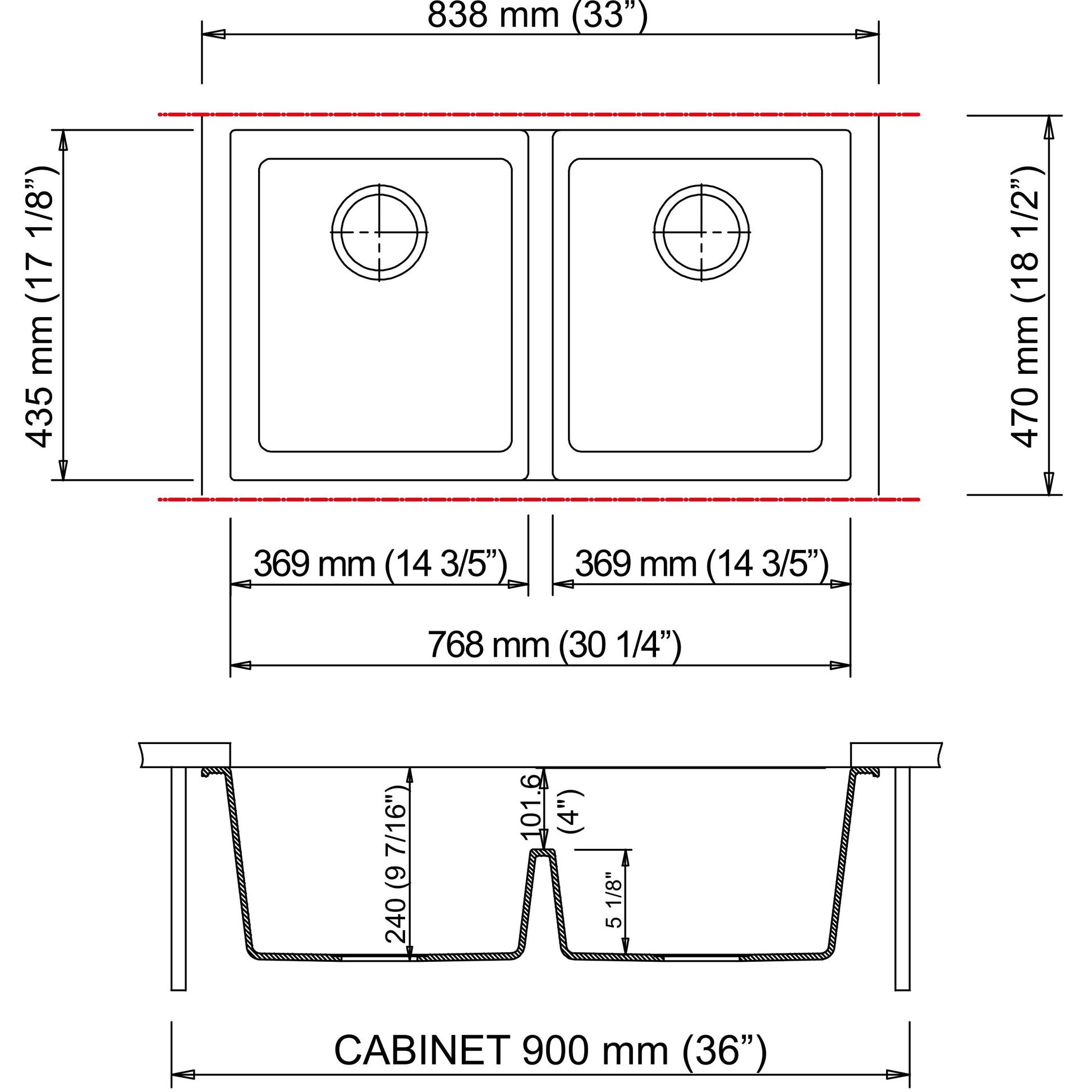 LaToscana Plados 33" x 19" x 10'' Black Metallic Double Bowl Granite Undermount Kitchen Sink for 36'' Cabinet