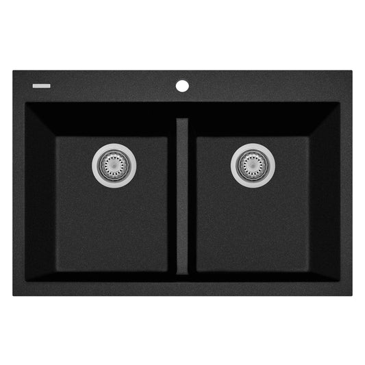 LaToscana Plados 33" x 22" x 10'' Black Metallic Double Bowl Granite Drop-in Kitchen Sink for 36'' Cabinet