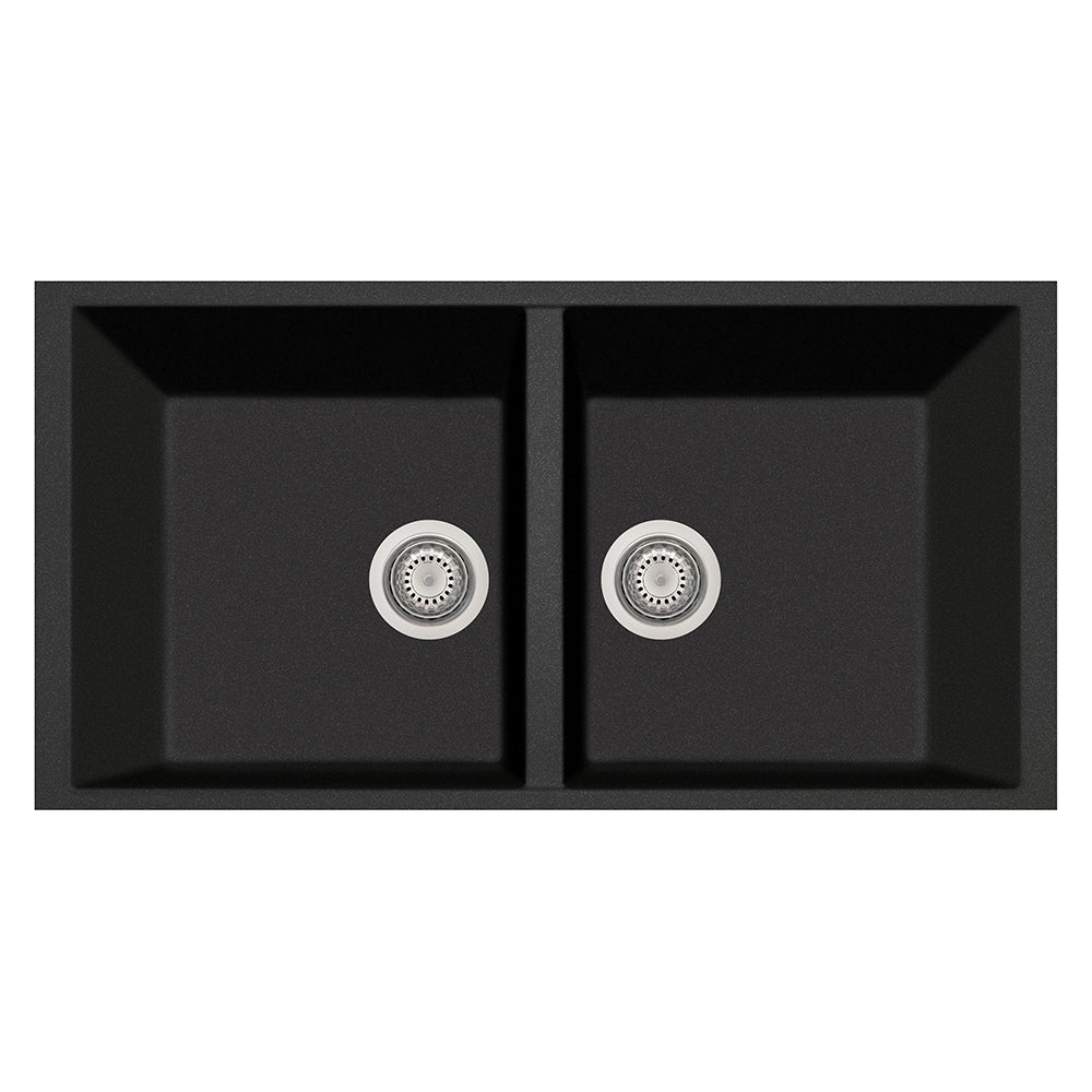 LaToscana Plados 34" x 17" x 8'' Black Metallic Double Bowl Granite Undermount Kitchen Sink