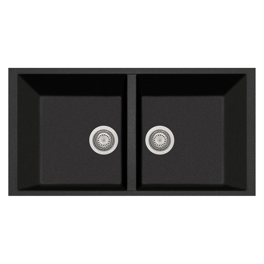 LaToscana Plados 34" x 17" x 8'' Black Metallic Double Bowl Granite Undermount Kitchen Sink