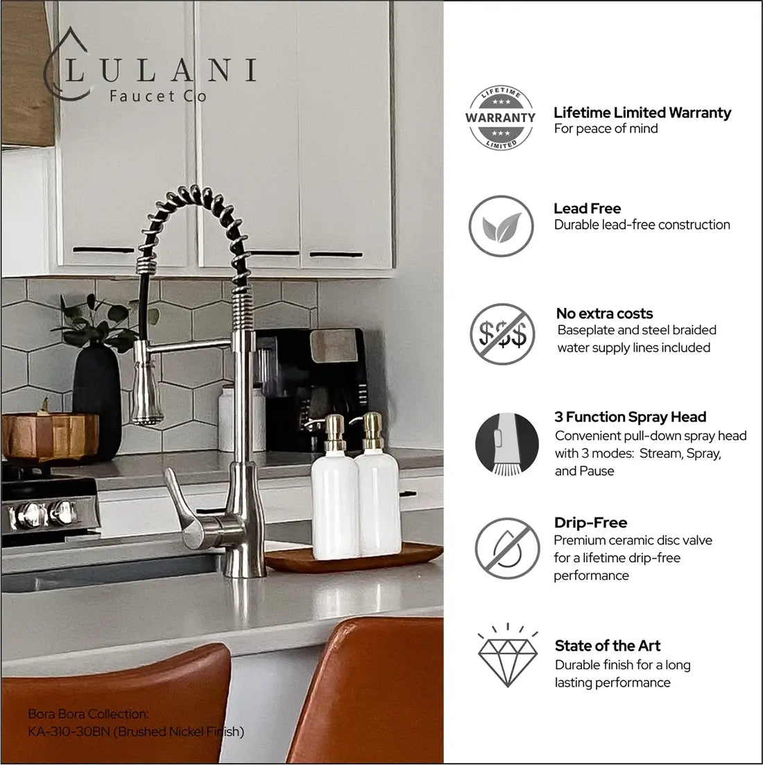 Lulani Bora Bora Brushed Nickel 1.8 GPM Single Handle 3-Function Pull-Down Spray Head 360 Swivel Spout Faucet With Baseplate