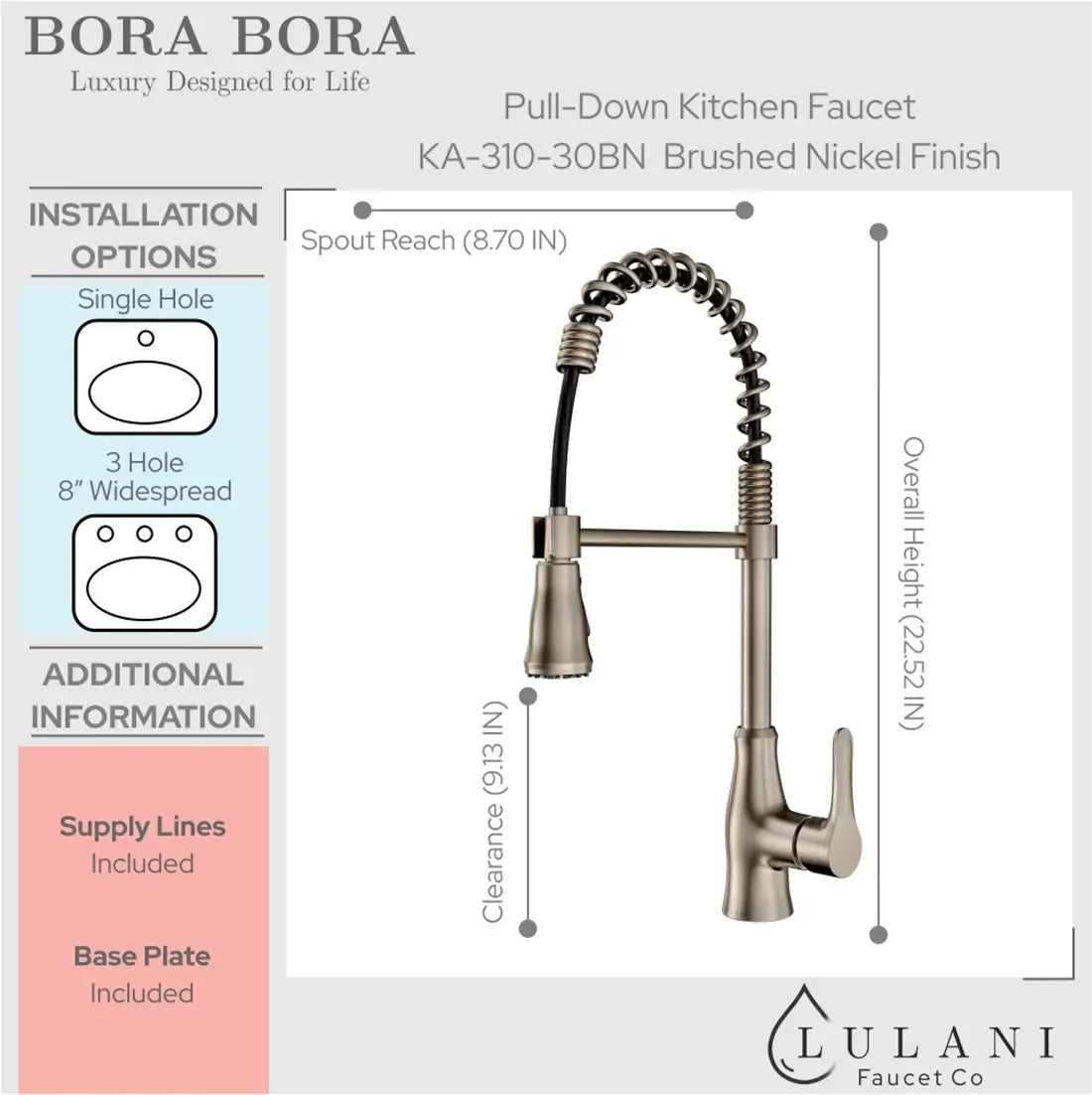 Lulani Bora Bora Brushed Nickel 1.8 GPM Single Handle 3-Function Pull-Down Spray Head 360 Swivel Spout Faucet With Baseplate