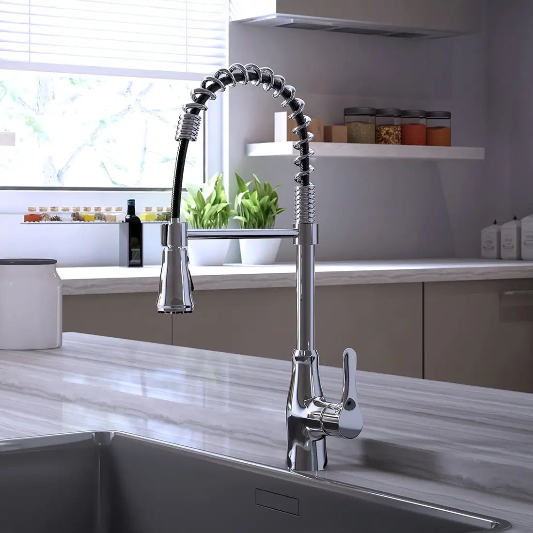 Lulani Bora Bora Chrome 1.8 GPM Single Handle 3-Function Pull-Down Spray Head 360 Swivel Spout Faucet With Baseplate