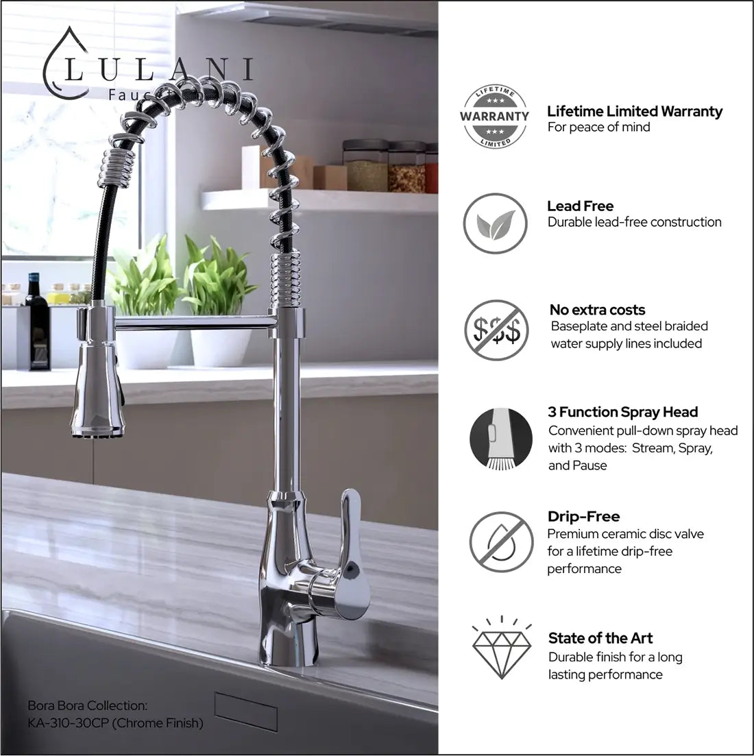 Lulani Bora Bora Chrome 1.8 GPM Single Handle 3-Function Pull-Down Spray Head 360 Swivel Spout Faucet With Baseplate