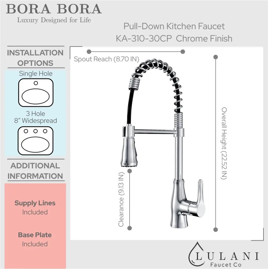 Lulani Bora Bora Chrome 1.8 GPM Single Handle 3-Function Pull-Down Spray Head 360 Swivel Spout Faucet With Baseplate