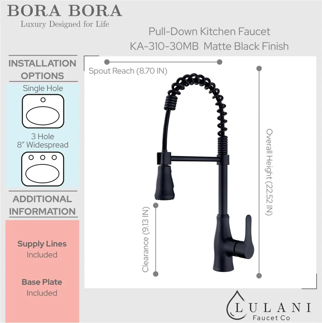 Lulani Bora Bora Matte Black 1.8 GPM Single Handle 3-Function Pull-Down Spray Head 360 Swivel Spout Faucet With Baseplate