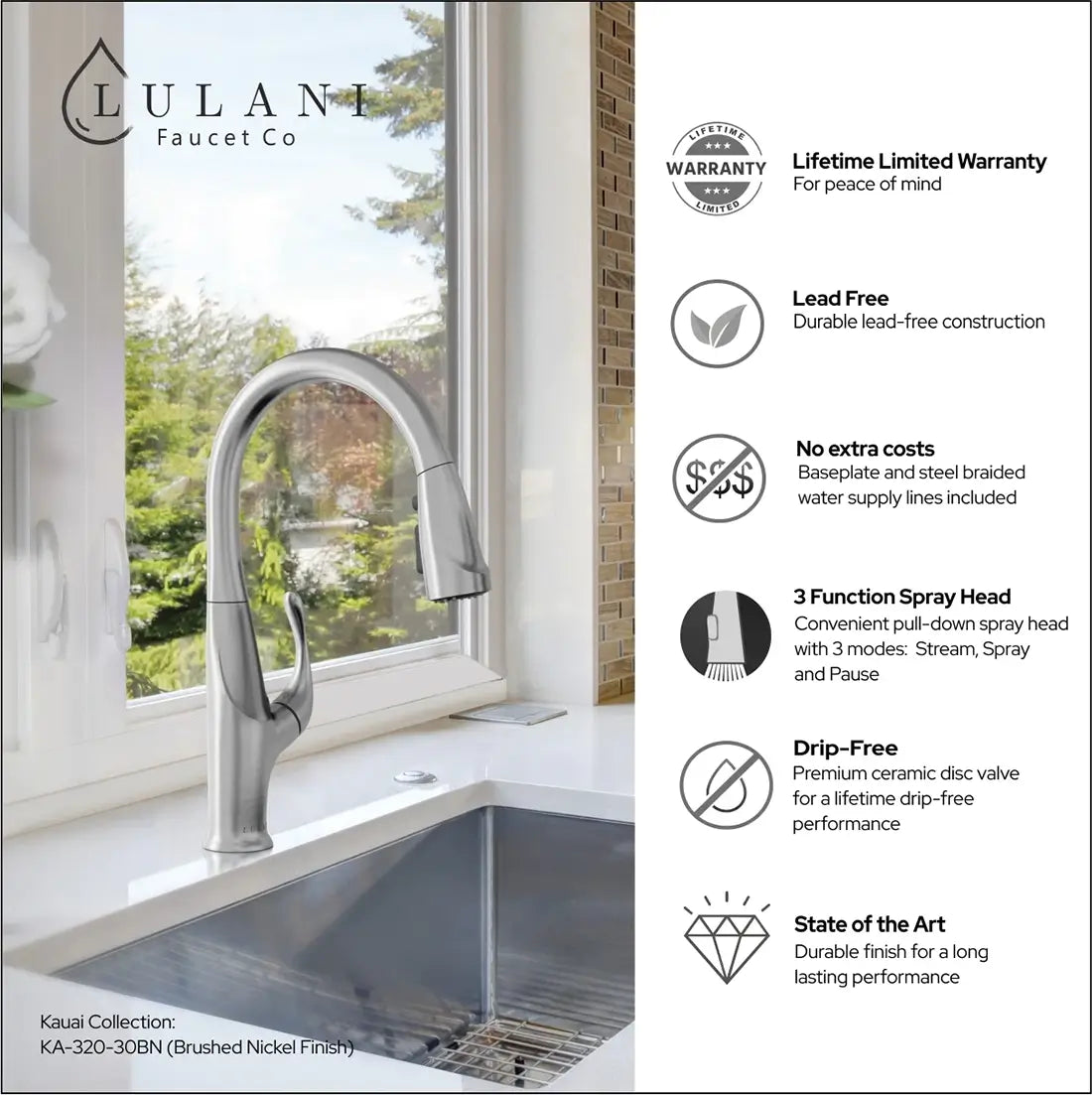 Lulani Kauai Brushed Nickel 1.8 GPM Single Handle 3-Function Pull-Down Spray Head 360 Swivel Spout Faucet With Baseplate