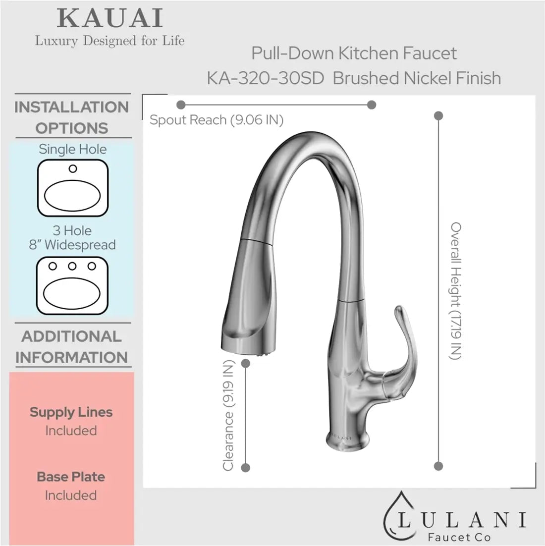 Lulani Kauai Brushed Nickel 1.8 GPM Single Handle 3-Function Pull-Down Spray Head 360 Swivel Spout Faucet With Baseplate