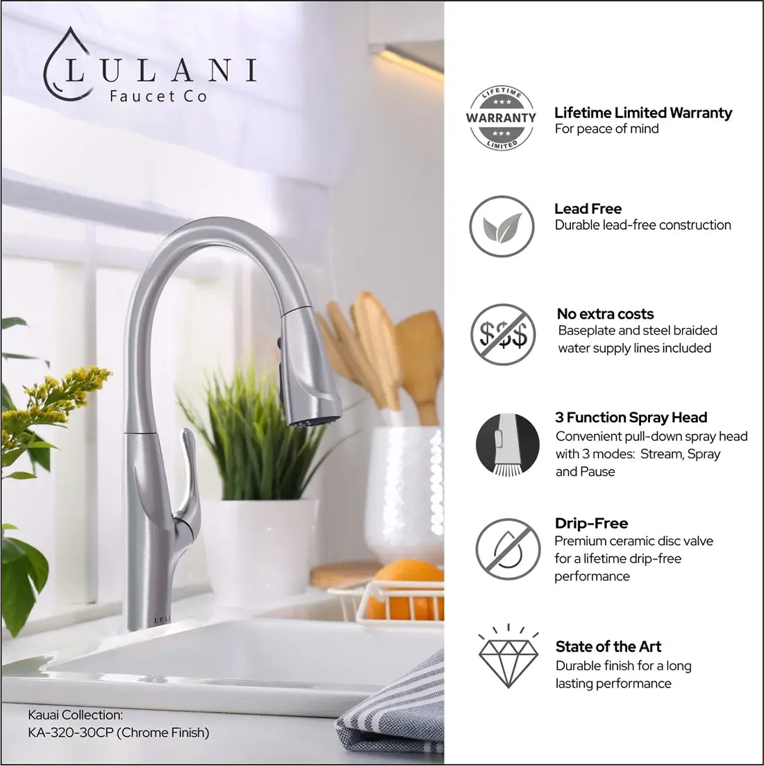 Lulani Kauai Chrome 1.8 GPM Single Handle 3-Function Pull-Down Spray Head 360 Swivel Spout Faucet With Baseplate