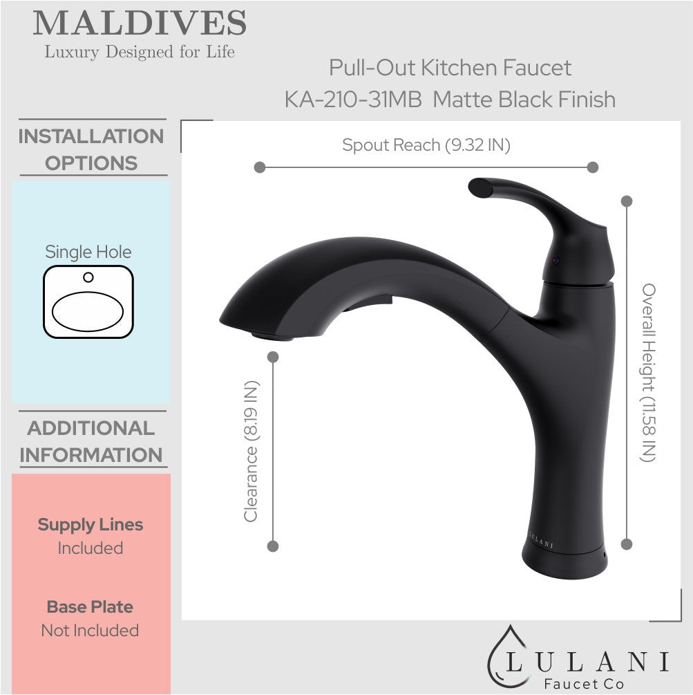 Lulani Maldives Matte Black 1.8 GPM Single Handle Pull-Out Kitchen Swivel Faucet