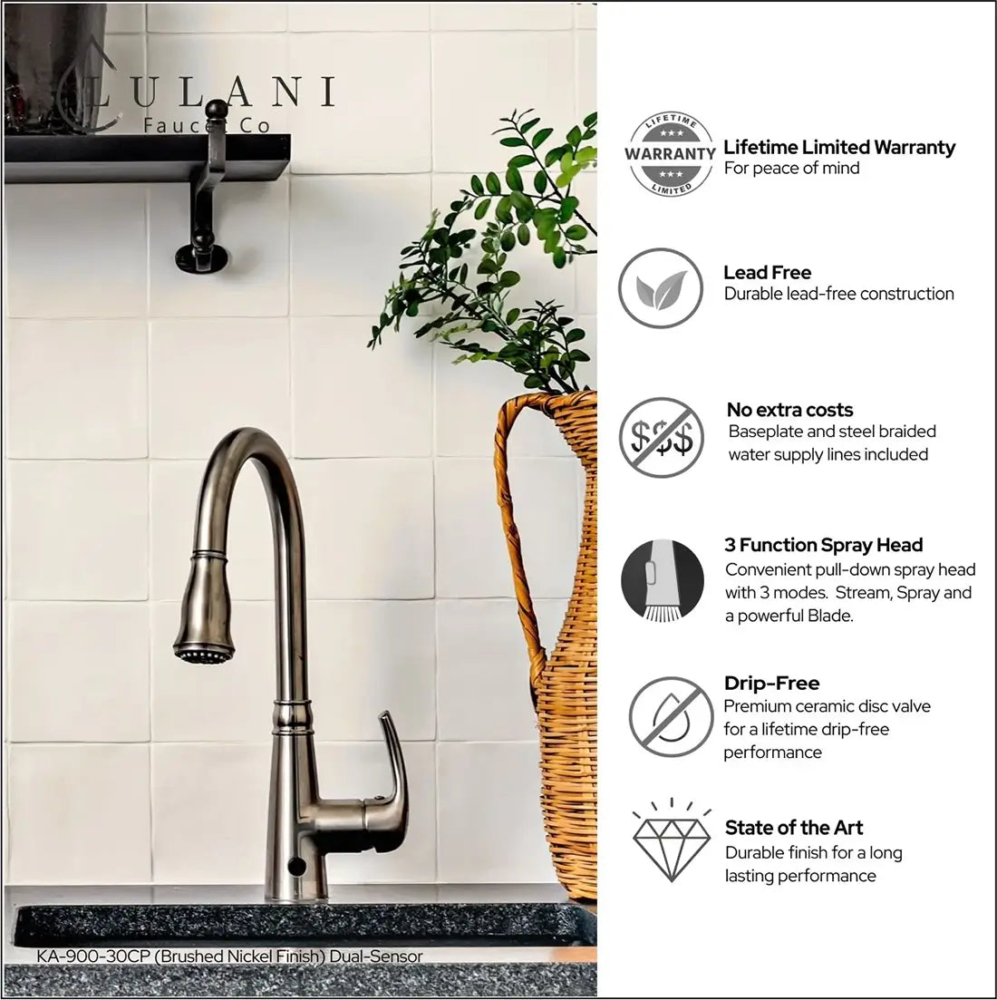 Lulani Moorea Brushed Nickel 1.8 GPM Dual Sensor Single Handle Pull-Down Faucet With Baseplate