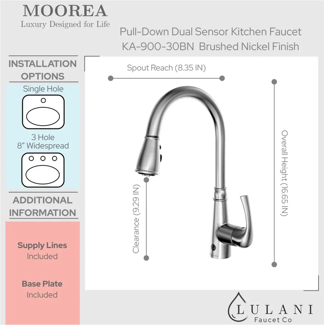 Lulani Moorea Brushed Nickel 1.8 GPM Dual Sensor Single Handle Pull-Down Faucet With Baseplate