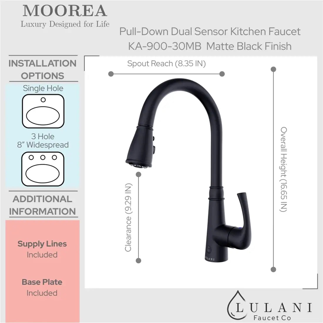 Lulani Moorea Matte Black 1.8 GPM Dual Sensor Single Handle Pull-Down Faucet With Baseplate